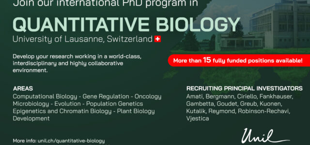 15 fully funded PhD fellowships in Quantitative Biology  Introduction The advent of large-throughput data is transforming life sciences into an increasingly quantitative discipline. The University of Lausanne (Switzerland) is at […]